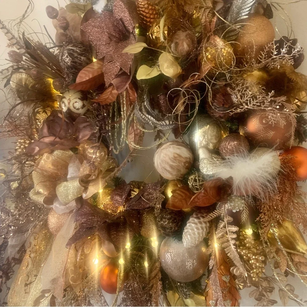 New Large 32” Elegant Floral Christmas Bronze Gold Luxury Wreath With Lights